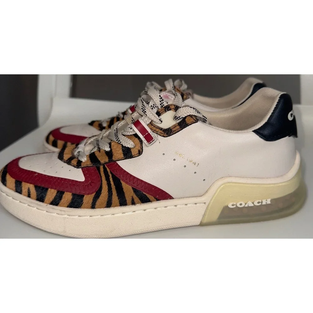 Coach CitySole Court Sneakers White Leather Tiger Print Calf Hair Red size 7